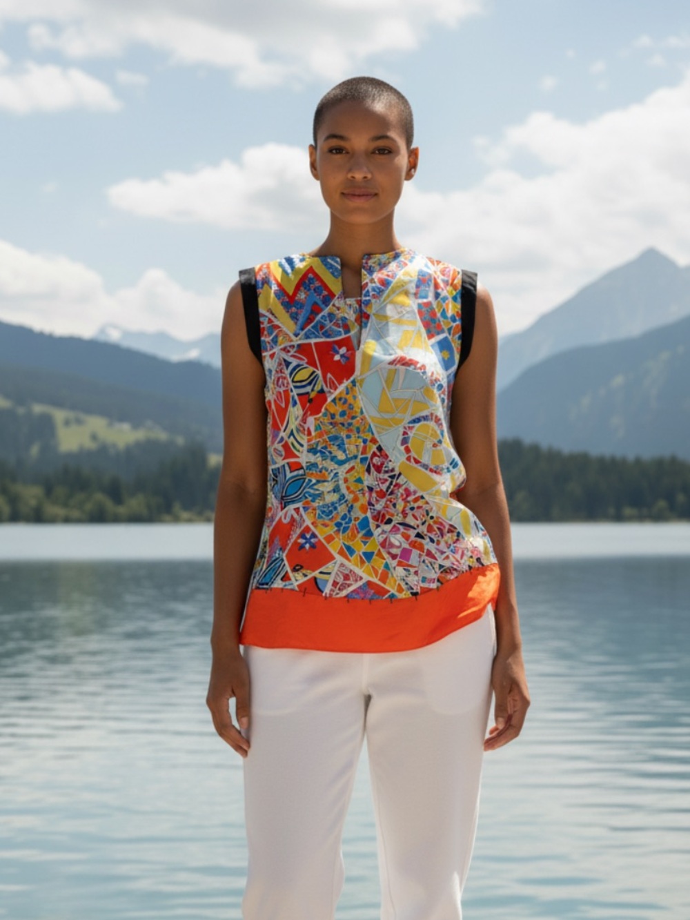 Emilio Pucci Multicolor Mosaic Sleeveless Blouse with Red Hem